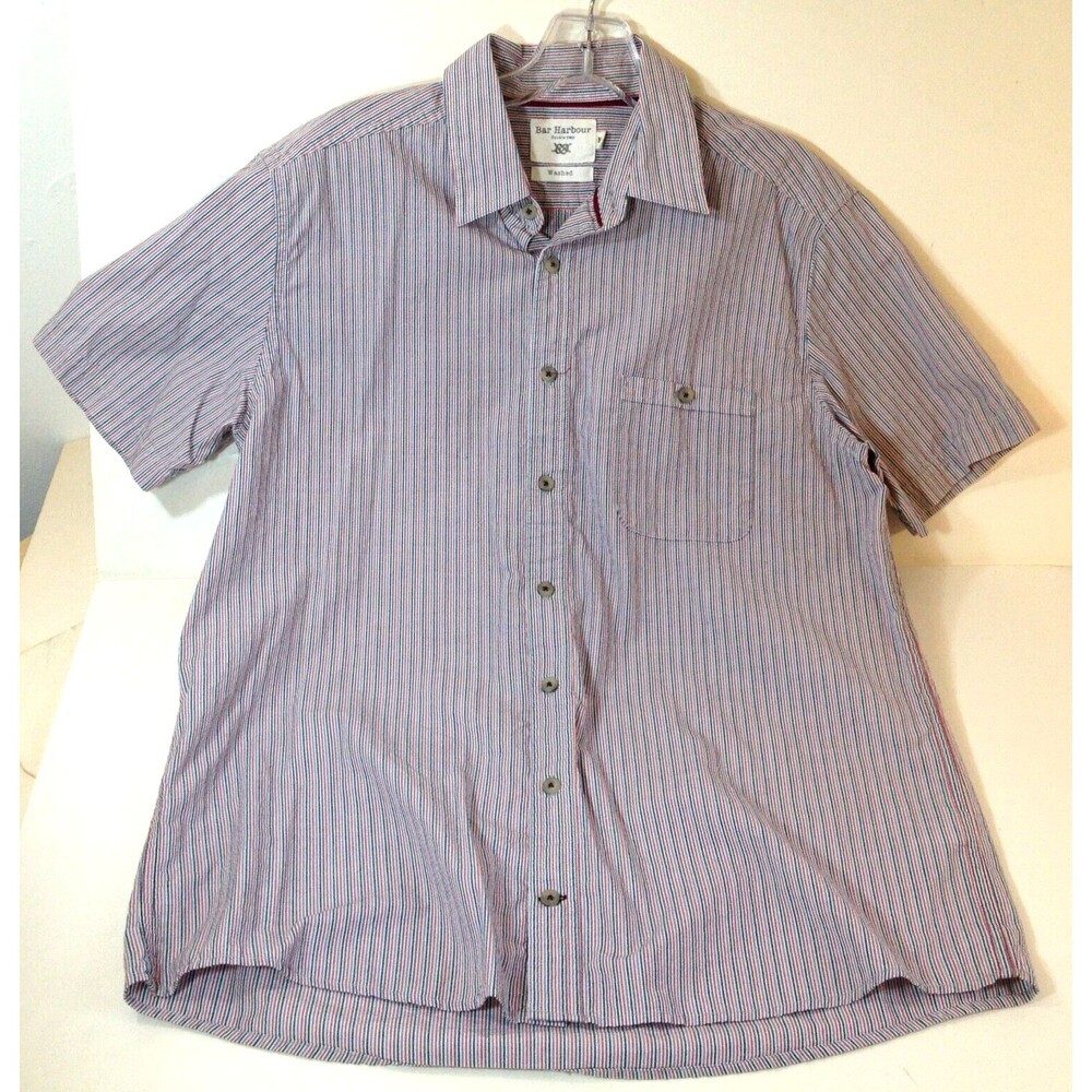 Bar Harbour Double Two Men’s Stripe Button Down Shirt Sleeve Size Medium Pocket